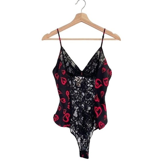 Victoria’s Secret Vintage Gold Label Silk Lace Heart Teddy Bodysuit Black Red - Picture 1 of 16